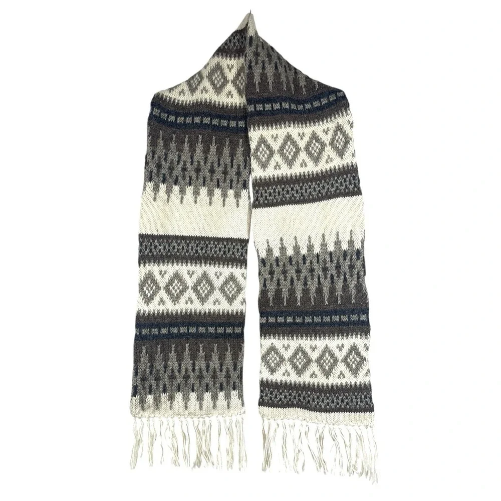 Broner Wool Blend Double Knit Scarf 58x8 Fair Isle Fringe Cozy USA Made
